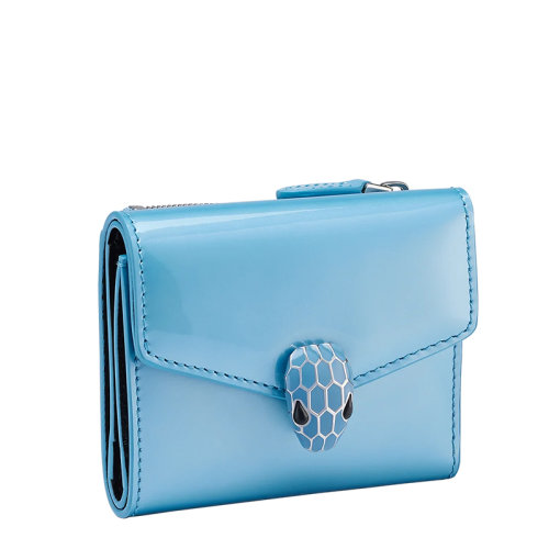 BVLGARI/宝格丽 SERPENTI FOREVER系列 女士蓝色漆皮小牛皮黑色衬里蛇首按扣短款钱包291328