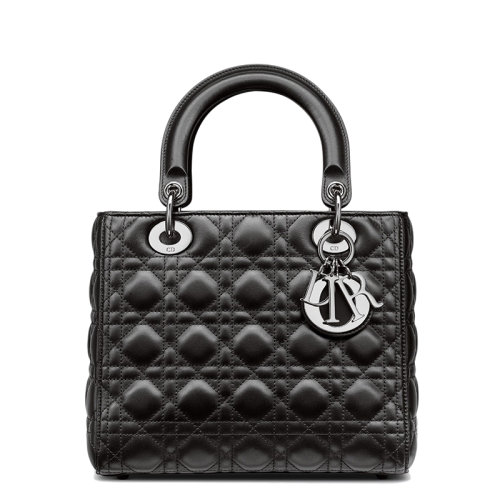 DIOR/迪奥  LADY DIOR系列 女士中号黑色棱纹小羊皮银色配饰单肩斜挎手提戴妃包M0565BNGE_M900