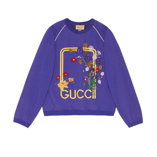 GUCCI/古驰 22年秋冬新款 Lovelight系列 男士蓝色纯棉毛毡面料花束刺绣卫衣706921XJERY4330