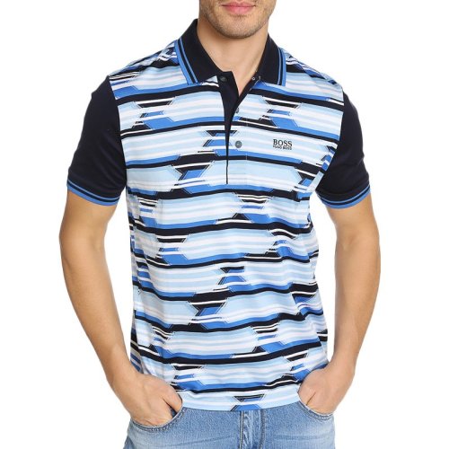 HUGO BOSS/雨果波士 男士短POLO蓝白拼色条纹纯棉时尚翻领短袖Polo衫