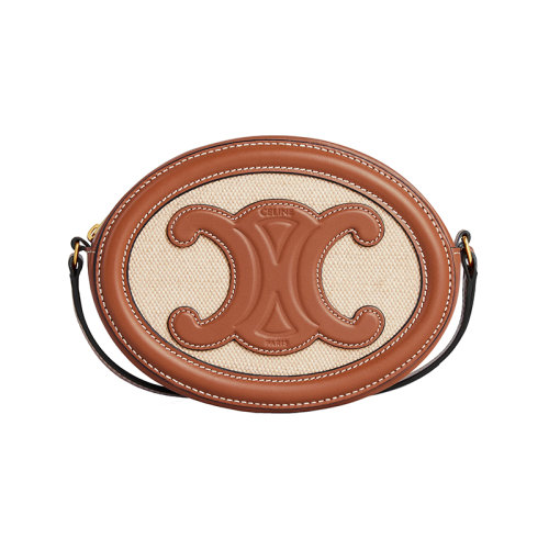 CELINE/赛琳 22新款TRIOMPH系列 女士自然色/棕褐色织物搭小牛皮椭圆形金色饰面凯旋徽标斜挎肩背手拿包10I702DTL.02NT