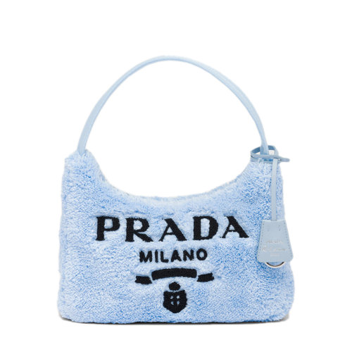 PRADA/普拉达 22新款Re-Edition 2000系列 女士迷你天蓝色/黑色织物徽标印花饰徽标吊饰单肩斜挎毛圈包hoob流浪包1NE515_2DXO_F0D4O