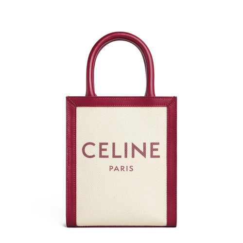 CELINE/赛琳 22新款VERTICAL系列 女士迷你自然色织物徽标印花胭脂红皮革细节配可拆卸肩带单肩斜挎手提托特包193302BNZ.02IN