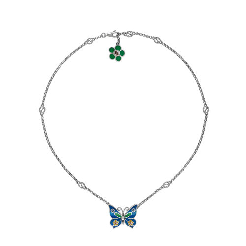 GUCCI/古驰 22春夏新款 纯银蓝绿黄蝴蝶绿色花朵珐琅互扣式双G吊坠项链679988J89B48520