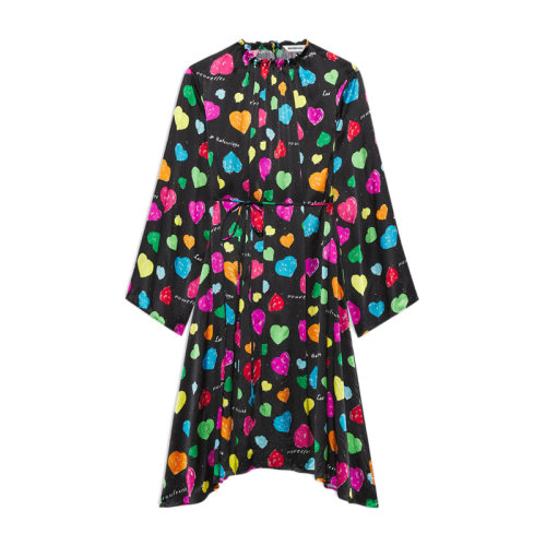 Balenciaga/巴黎世家 女式黑色多色拼色真丝心形印花腰部抽绳后裹式中长连衣裙女裙 659084-TKL08-1000