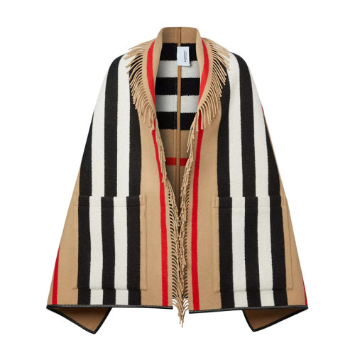 BURBERRY/博柏利 22年早春新款 女士典藏米色羊毛羊绒混纺标志性条纹流苏提花披肩80194151