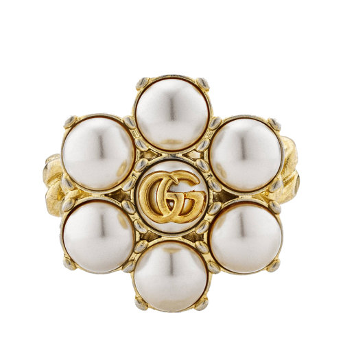 GUCCI/古驰 金色金属白色玻璃珠双G细节花朵形状戒指 645671I46208078