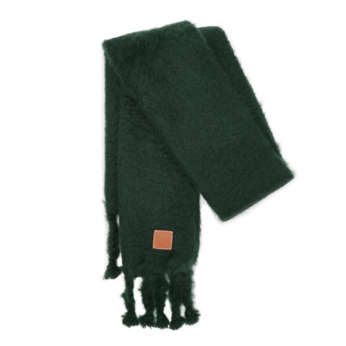LOEWE/罗意威 女士墨绿色马海毛混纺羊毛经典徽标贴饰末端流苏披肩围脖围巾 F000487X28-4110
