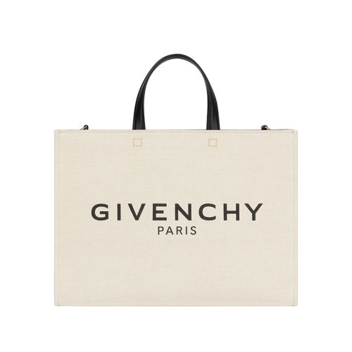 Givenchy/纪梵希 22新款 Cabas G系列 女士中号米色棉麻帆布黑色字母标志提花帆布拆卸宽肩带皮革手柄金色饰面单肩手提包BB50N2B1DR-255