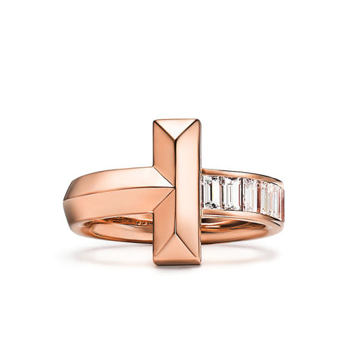 Tiffany & Co./蒂芙尼  T1系列 18K金玫瑰金长方形切割钻石戒指 GRP11683