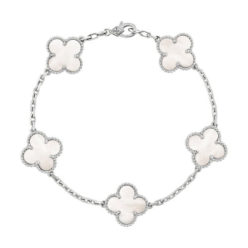 Van Cleef & Arpels/梵克雅宝 经典Vintage Alhambra系列 18k金白金白色珍珠母贝5四叶草手链VCARF48400