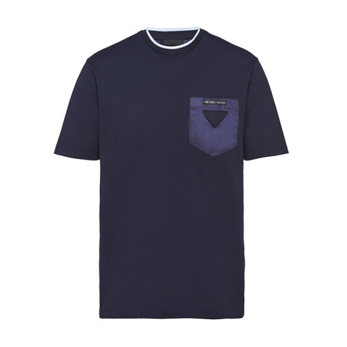PRADA/普拉达 藏蓝色 男士华达呢尼龙口袋饰珠地棉短袖T恤 UJN616_1VT8_F0124_S_201