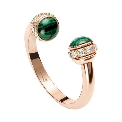 PIAGET/伯爵 经典款POSSESSION时来运转系列 18K金玫瑰金可转动孔雀石镶钻开口戒指 G34P5D00