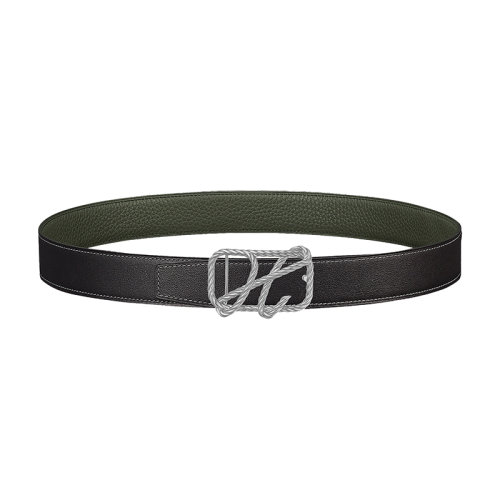 HERMES/爱马仕 黑色/墨绿色荔枝纹小牛皮 男士双面银扣皮带32毫米 H081676CK05/H073967CAAZ080