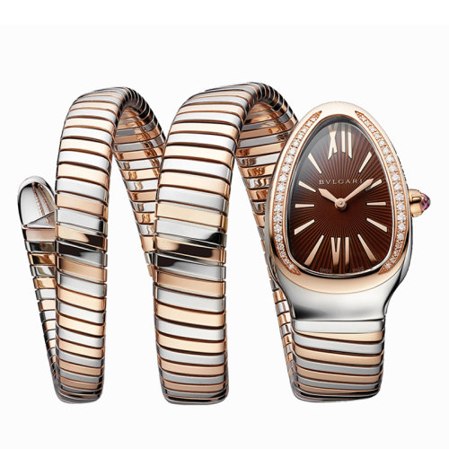 BVLGARI/宝格丽 精钢表壳 18K金玫瑰金表圈和不锈钢双螺旋表带 镶嵌明亮式切割钻石 棕色表盘 SERPENTI TUBOGAS石英手表 35毫米103070