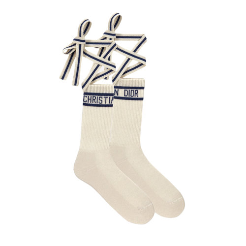DIOR/迪奥 22年春夏新款 女士白色/海军蓝色棉质混纺面料系带中筒袜24SOC504C204_C019
