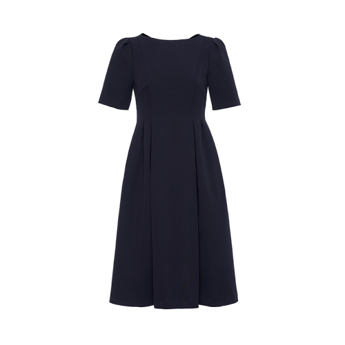 HUI/卉 女士连衣裙2020秋季新品藏青色连衣裙一字领泡泡袖设计中长裙