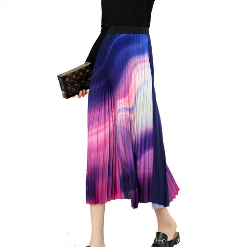 GeleiStory/GeleiStory 春夏新款渐变撞色半身裙女春松紧高腰A字中长款百褶裙大摆裙子  女装＞女士裙装＞女士半身裙