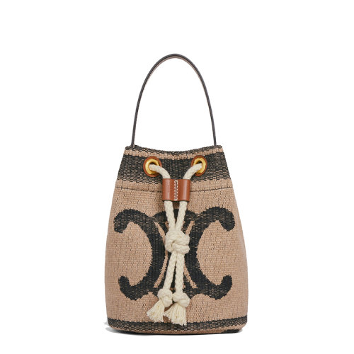 CELINE/赛琳 22新款TEEN TRIOMPHE系列 女士浅褐色/黑色大号织物配皮饰凯旋徽标图案单肩手提抽绳水桶包196532EFZ.02ET