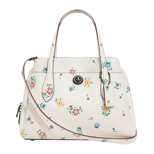 COACH/蔻驰 LORA CARRYALL系列30号女士白色皮质野花印花拉链开合单肩包斜挎包手提包托特包女包 642V5CHK
