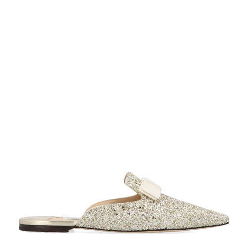 Jimmy Choo/周仰杰 女士米色金闪片蝴蝶結平跟鞋 GALAXYFLATTIT