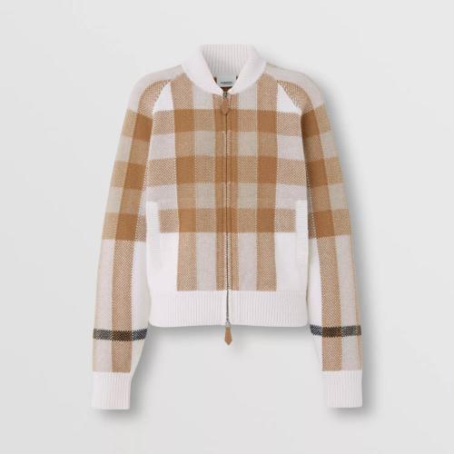  BURBERRY 22年秋冬 女士 格纹嵌花羊毛混纺飞行夹克 80558361