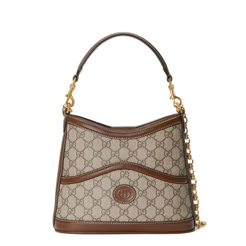 GUCCI/古驰 22新款 女士米色/乌木色帆布配棕色皮革细节金扣金链单肩斜跨手提链条包69601192TCG8563