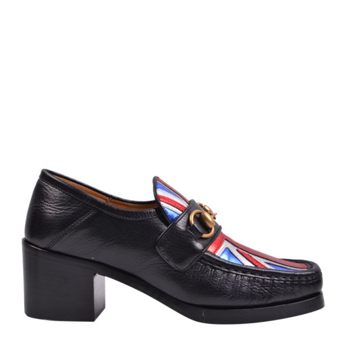 GUCCI/古驰 女士黑色牛皮 国旗图案 方头复古粗跟鞋 6cm 452773 D3VQ0 1063 女鞋