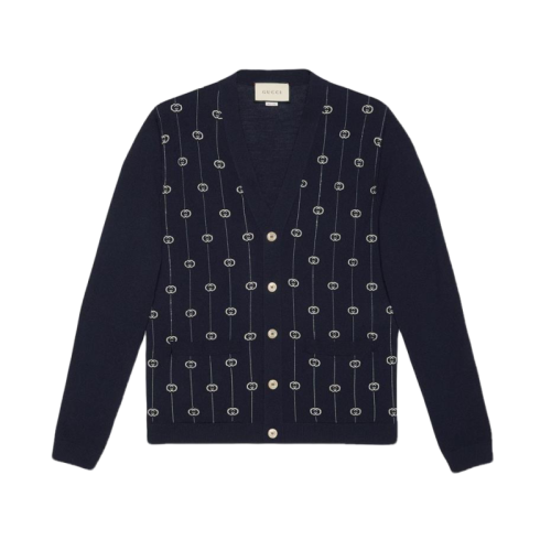 GUCCI/古驰  古琦男装 经典双G 男士深蓝色羊毛时尚V领秋冬针织衫/毛衣 576901 XKAUM 4650