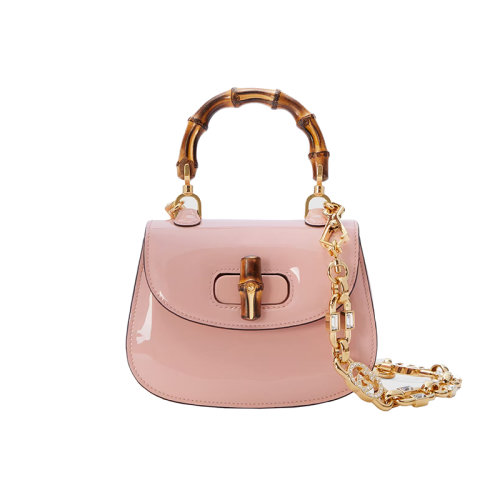 GUCCI/古驰 23春夏新款 Bamboo 1947系列 女士迷你浅粉色漆皮金色饰面竹节手柄带水晶细节拆卸链式肩带单肩手提包724641AABCE6942