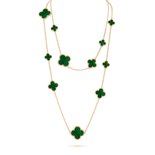 Van Cleef & Arpels/梵克雅宝 经典MagicAlhambra系列 18K金黄金镶嵌尺寸不同孔雀石四叶草长款毛衣链项链VCARO2AF00
