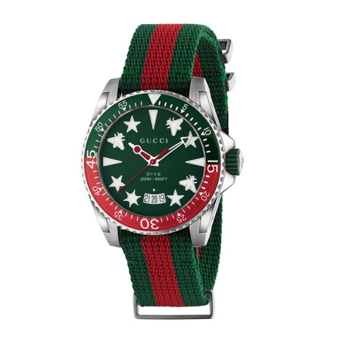 GUCCI/古驰  Dive系列 男女同款绿色表盘石英机芯精钢表壳和聚酯纤维织带表带腕表40毫米663954I18M06421