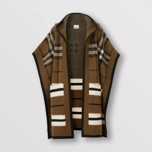  BURBERRY 22年秋冬 女士 格纹羊绒混纺连帽斗篷 80517801