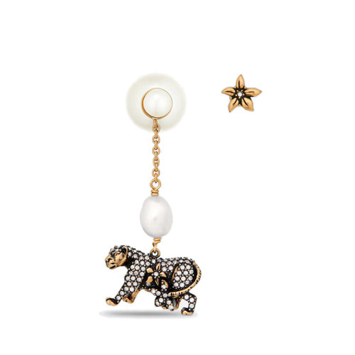 DIOR/迪奥 22新款 女士仿古金色金属花朵配白色淡水珍珠/树脂珠水晶镶嵌老虎吊饰耳环E2100WOMCY_D09S