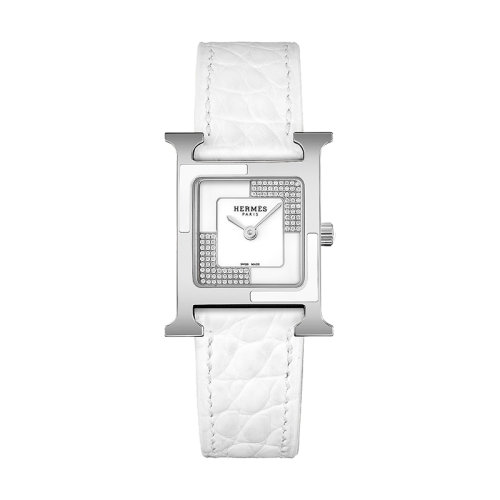 HERMES/爱马仕      Heure H系列 女士石英机芯白色漆面镶钻表盘精钢表壳和鳄鱼皮表带腕表21X21毫米W053244WW00