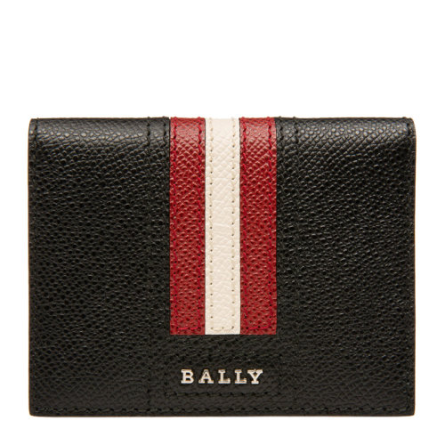 BALLY/巴利 男士黑色压纹牛皮红白条纹短款双折钱夹卡包钱包男包 6226438