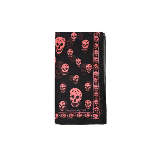 Alexander McQueen/亚历山大麦昆  女士黑色桑蚕丝粉色骷髅头薄款丝巾 白色丝巾/黑色丝巾 557717-3052Q-1072