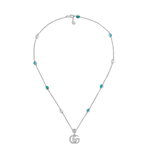 GUCCI/古驰 经典925银双G白色珍珠母贝绿松石蓝色托帕石点缀复古项链?527399J84748517