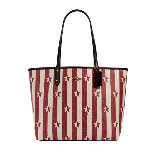 COACH/蔻驰【奥莱款】女士红白条纹PVC/配皮星星图案双面托特包手提包单肩包女包 F2861IMRCR