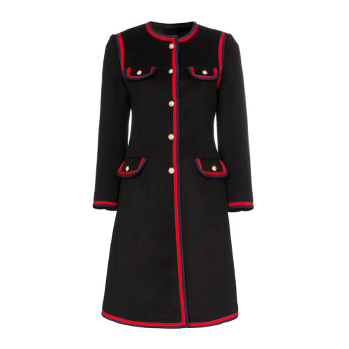 GUCCI/古驰  女装 服饰 黑色配红边羊毛长款大衣