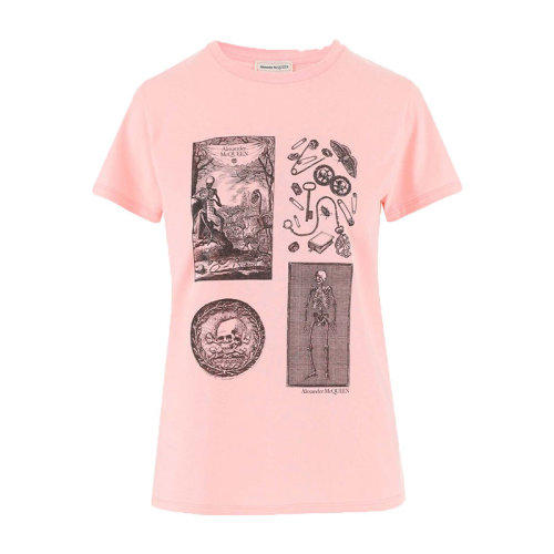 Alexander McQueen/亚历山大麦昆 时尚百搭 骷髅头拼贴画 女士粉色短袖T恤 651373QZACK0614 HKY210303