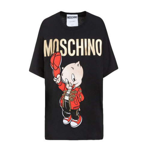 MOSCHINO 莫斯奇诺 女士 服装  黑色圆领字母LOGO小猪图案棉质T恤 女士短袖T恤
