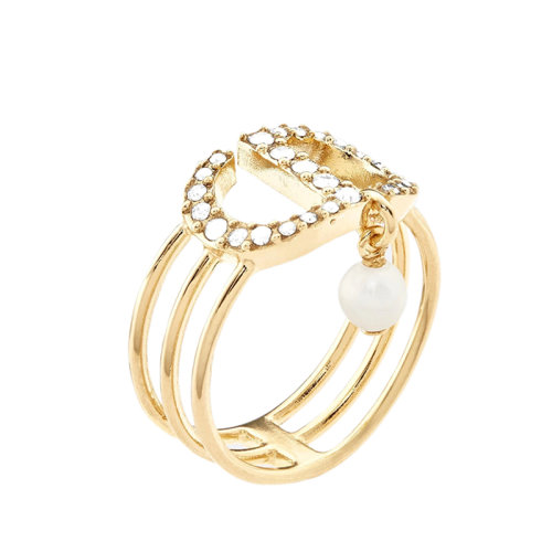 DIOR/迪奥 PETIT CD系列 镀金金属镂空镶嵌白色水晶CD白色树脂珍珠戒指指环R1049PTCCY_D301