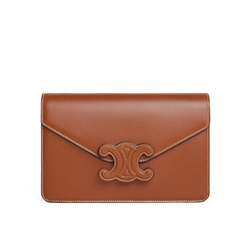 CELINE/赛琳 22新款 TRIOMPHE系列 女士褐色小牛皮同色系凯旋扣翻盖开合单肩斜挎手提包10J733DPV.04LU