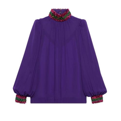  GUCCI古驰 22年秋冬 女士 饰亮片刺绣真丝乔其纱衬衫 672285 ZAG0F 5397