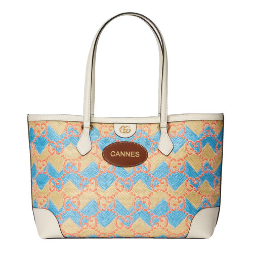 GUCCI/古驰 22新款 女士蓝色/米色稻草效果面料配皮革GG老花Cannes字样刺绣手提包托特包631685UYFGG8828