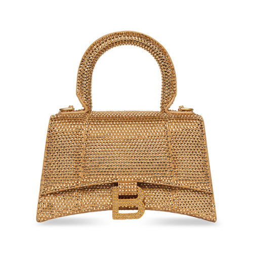 Balenciaga/巴黎世家 22新款 HOURGLASS MODEL XS系列 女士金色绒面小牛皮饰有水钻做旧金色饰面拆卸调节肩带肩背手提包59283328D0M7080