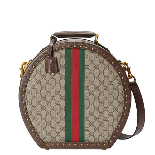 GUCCI/古驰 22春夏新款 男士米色/乌木色帆布棕色皮革滚边饰红绿条纹织带金扣单肩斜跨手提帽子盒6023702YGAT8358
