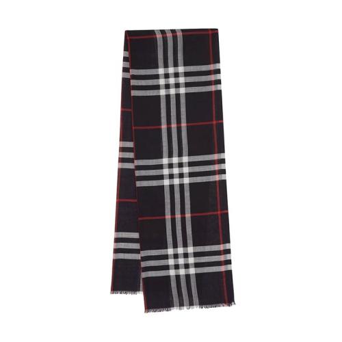 BURBERRY/博柏利 22年早春新款 男女同款海军蓝羊毛桑蚕丝混纺轻盈格纹细穗流苏围巾80154061