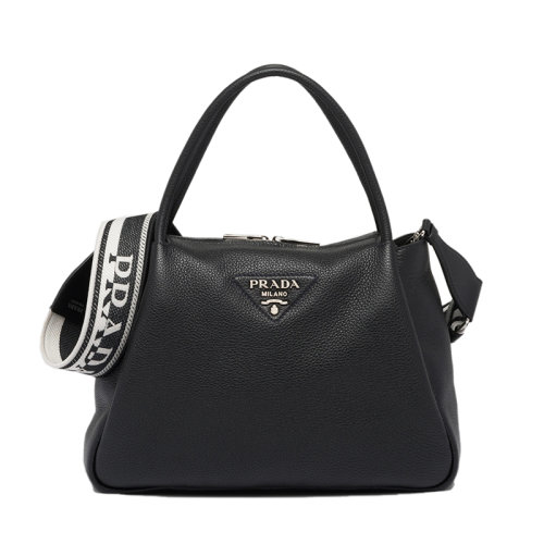 PRADA/普拉达 22年新款 女士大号黑色皮革饰有三角徽标配织物肩带拉链开合单肩斜跨手提包1BC0_2DKV_F0002_V_3OO